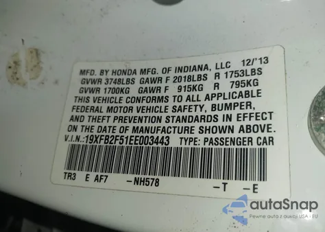 2014 Honda Civic Lx from USA, damaged, VIN 19XFB2F51EE003443
